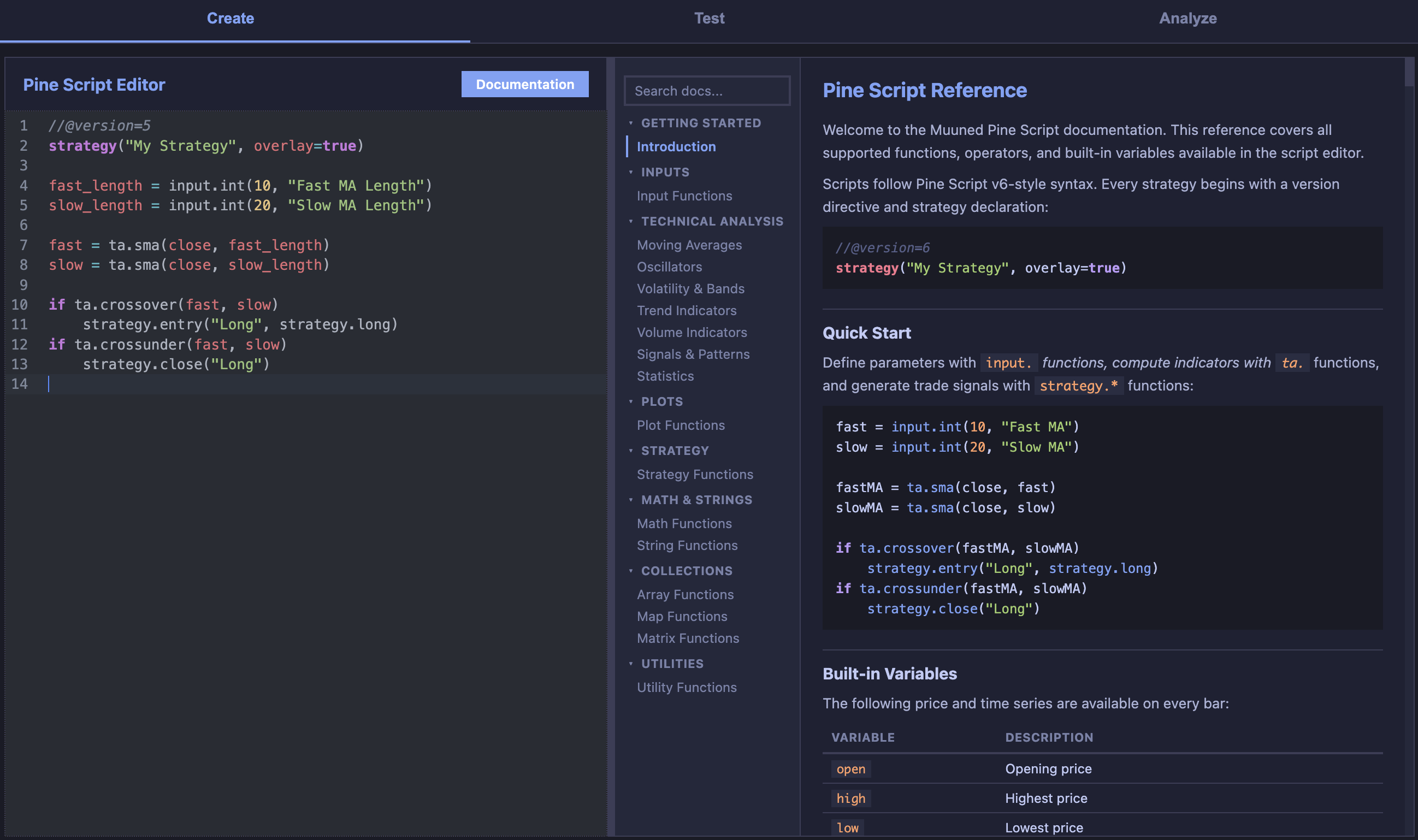 TrainBard code editor with Pine Script and inline documentation panel