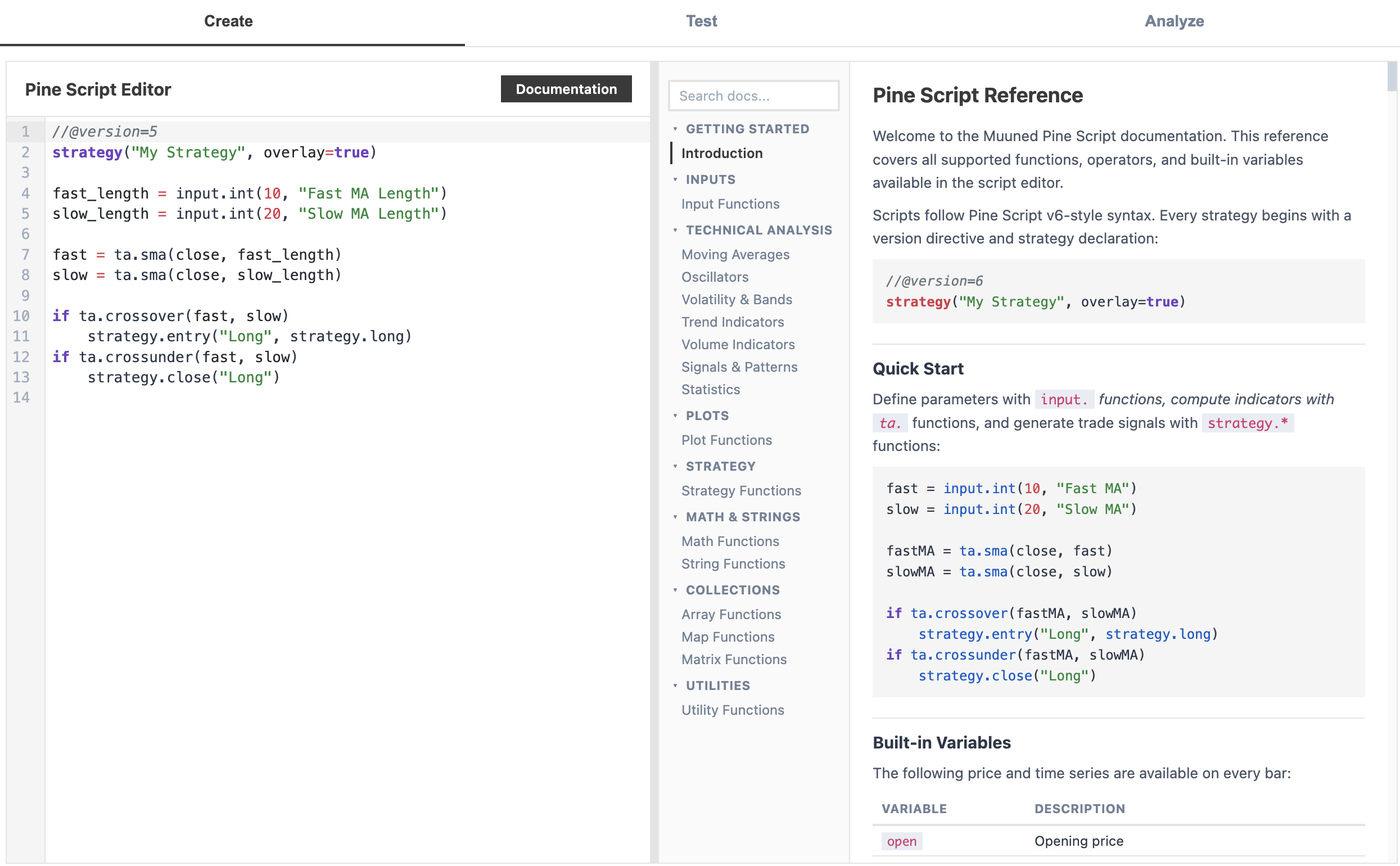 TrainBard code editor with Pine Script and inline documentation panel